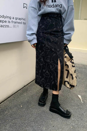 Abstract Faces Denim Midi Skirt