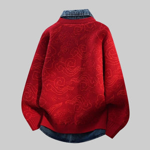 Denim-Collar Knit Cardigan