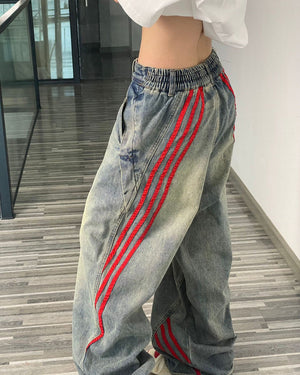 90s Style Wide Red Stripe Jeans