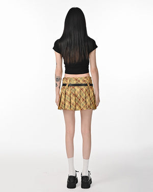 Double Belt Plaid Pleated Skirt in Yellow
