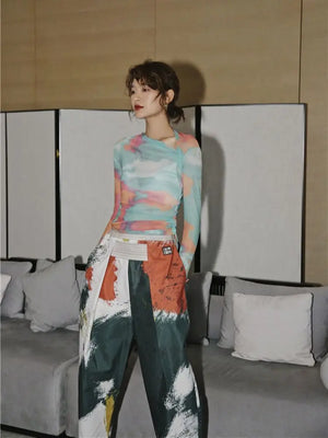 Asymmetric Tie Dye Mesh Top