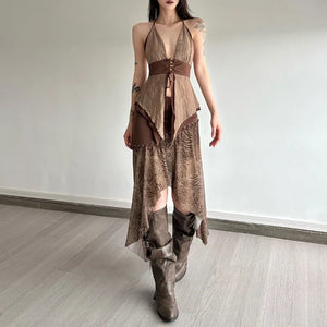 Boho Asymmetric Top & Leopard Midi Skirt Two Piece Set