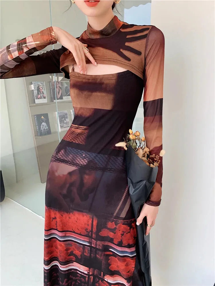 Crop Top & Mesh Midi Dress Two Piece Set