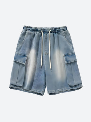 Denim Drawstring Wide Leg Cargo Shorts