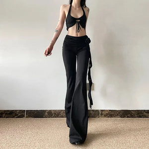 Goth Ruched Flower Flare Pants