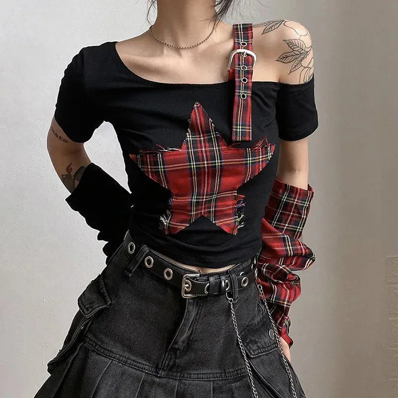 Grunge Plaid Star Patch Top