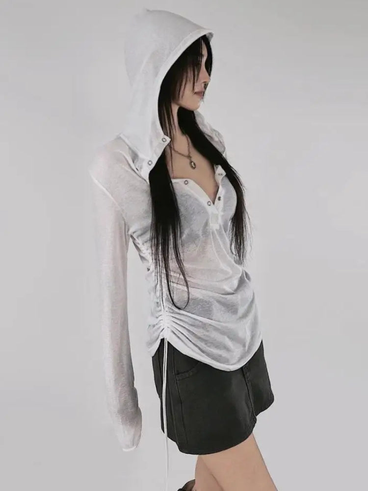 Sheer Ruched Hoodie Top
