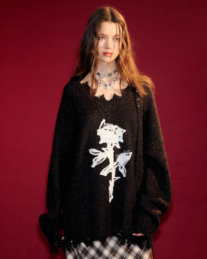 Distressed Rose Print Sweater