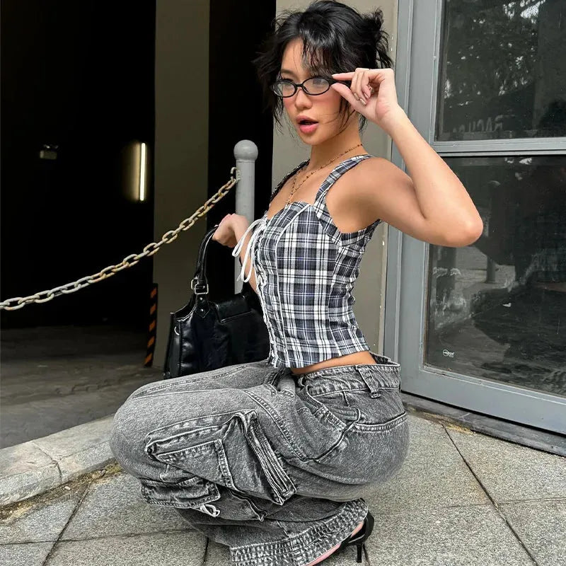 Y2K Plaid Lace Up Top
