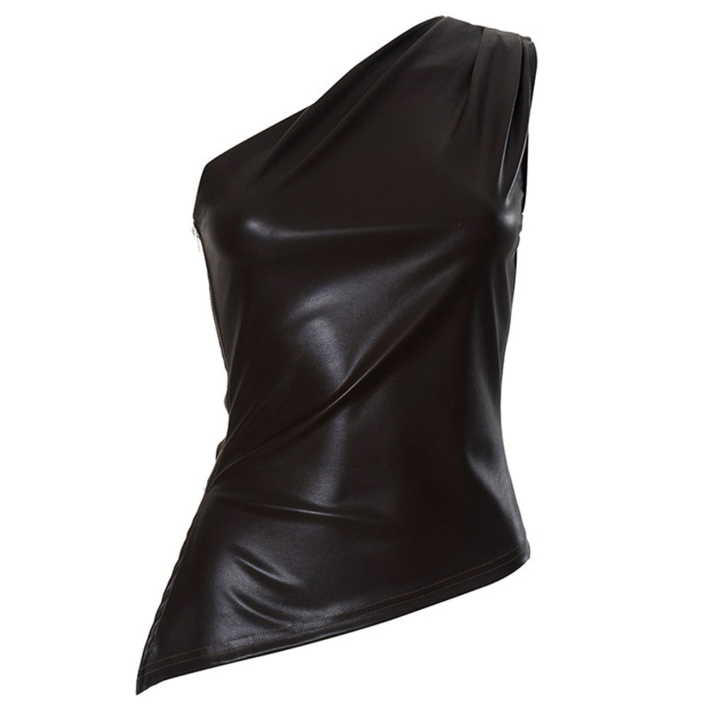 Asymmetric One Shoulder Leather Top