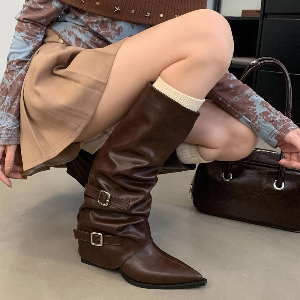 Korean Style Slouch Buckle Boots