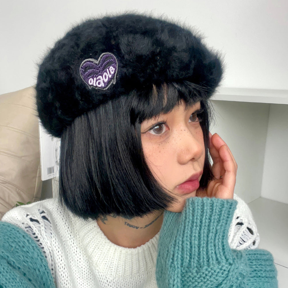 Cotton Candy Fluffy Beret with Heart Patch