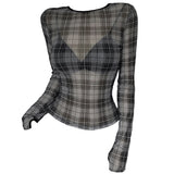 Grunge Plaid Mesh Long Sleeve Top