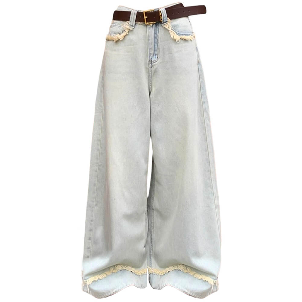 Light Blue Frayed Wide-Leg Jeans