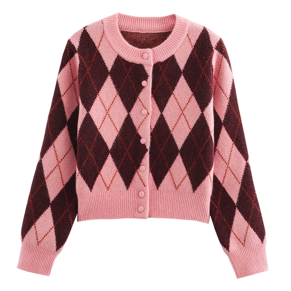 Pink & Red Argyle Pattern Cardigan