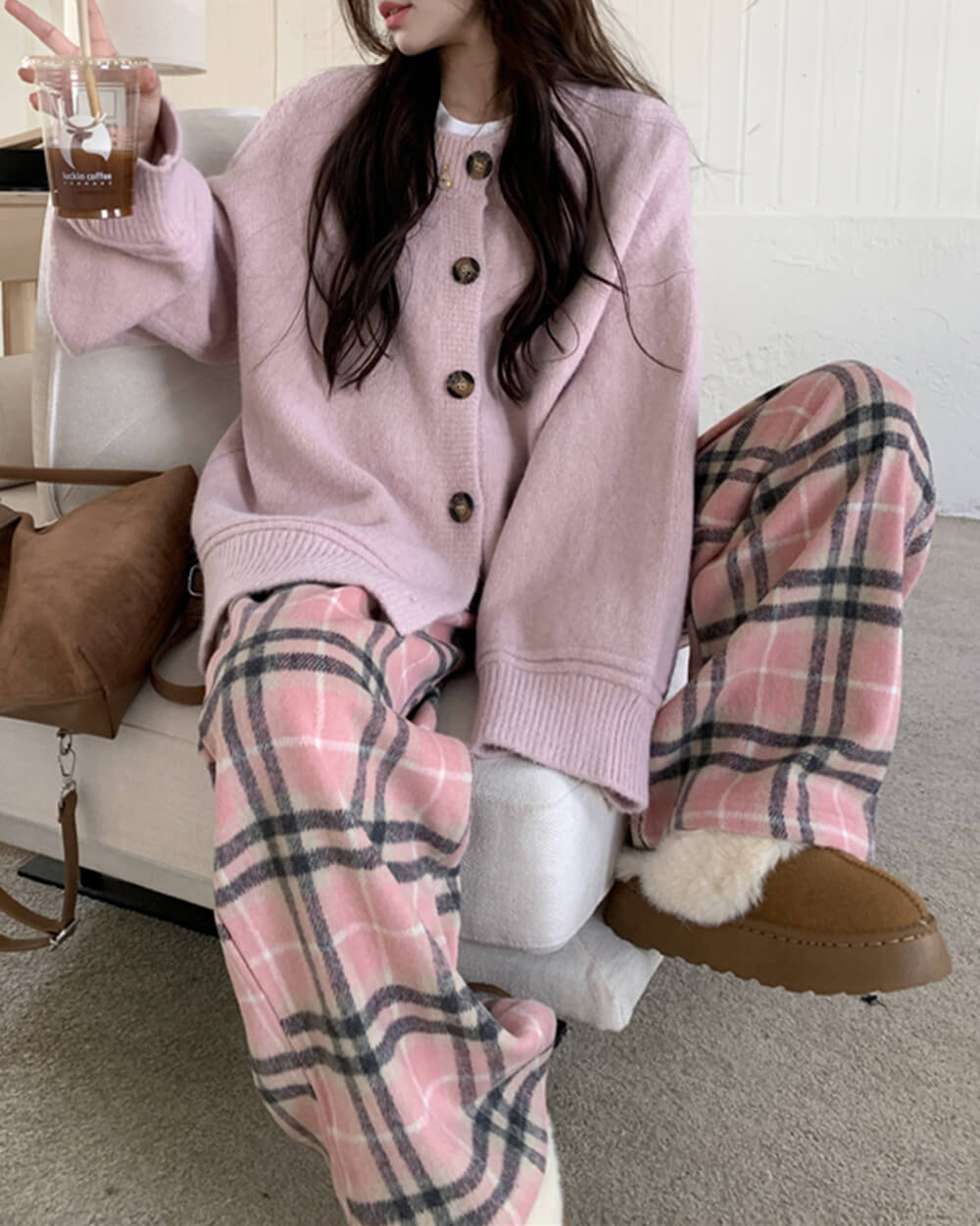 Pink Plaid Wide Leg Pants