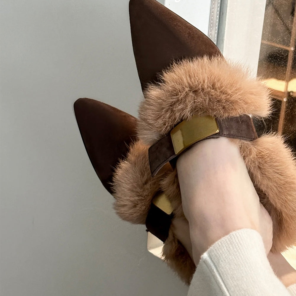 Pointed-Toe Faux Fur Mules