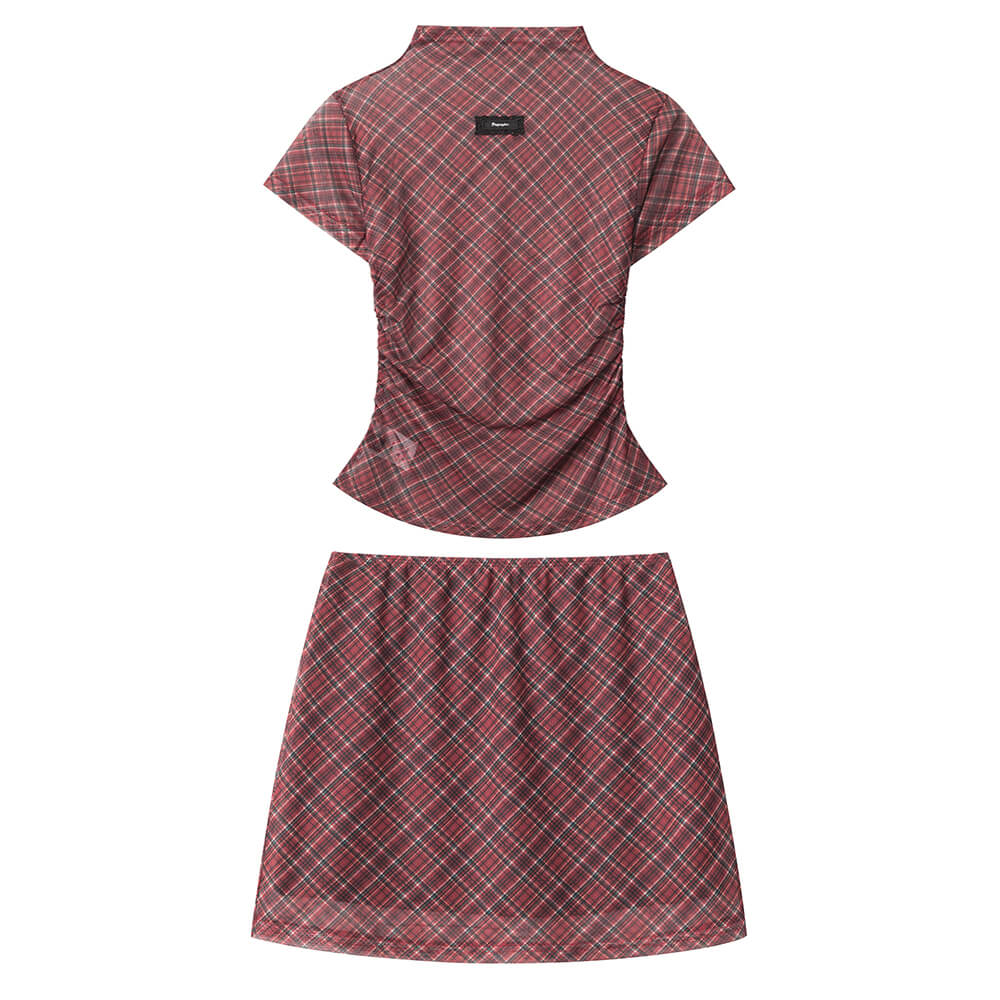Preppy Plaid Mesh Top & Mini Skirt Set