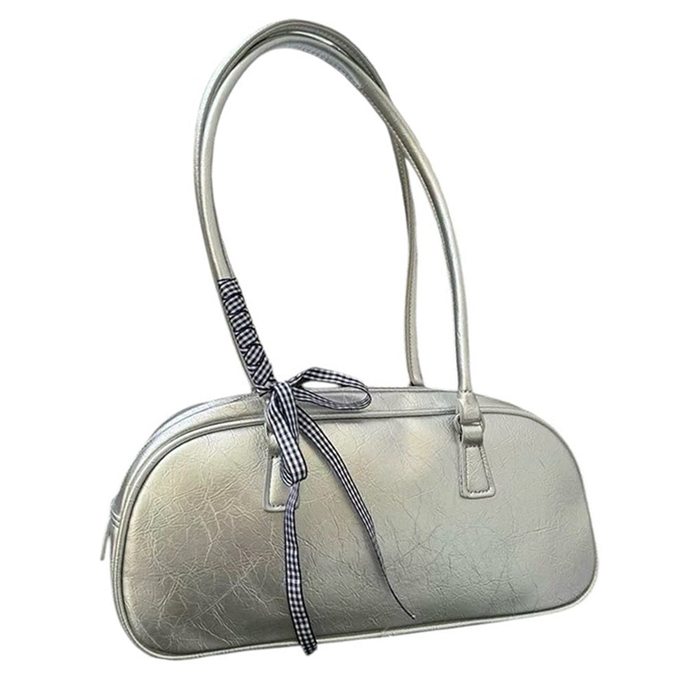 Silver Shoulder Bag with Gingham Bow