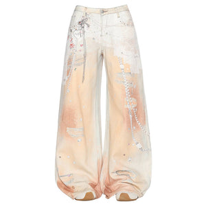 Y2K Chain Print Wide Leg Jeans in Peach