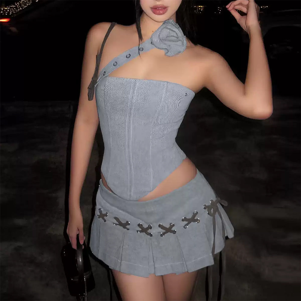 Y2K Asymmetrical Top & Pleated Mini Skirt Co-Ord